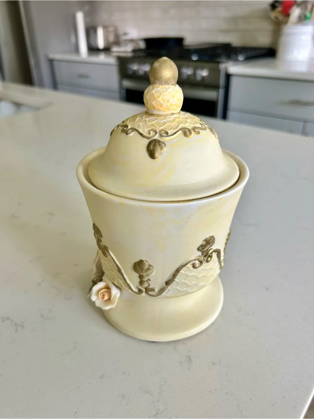 Yellow Porcelain Bisque Vintage Capodimonte Lidded Jar with Gold Trim